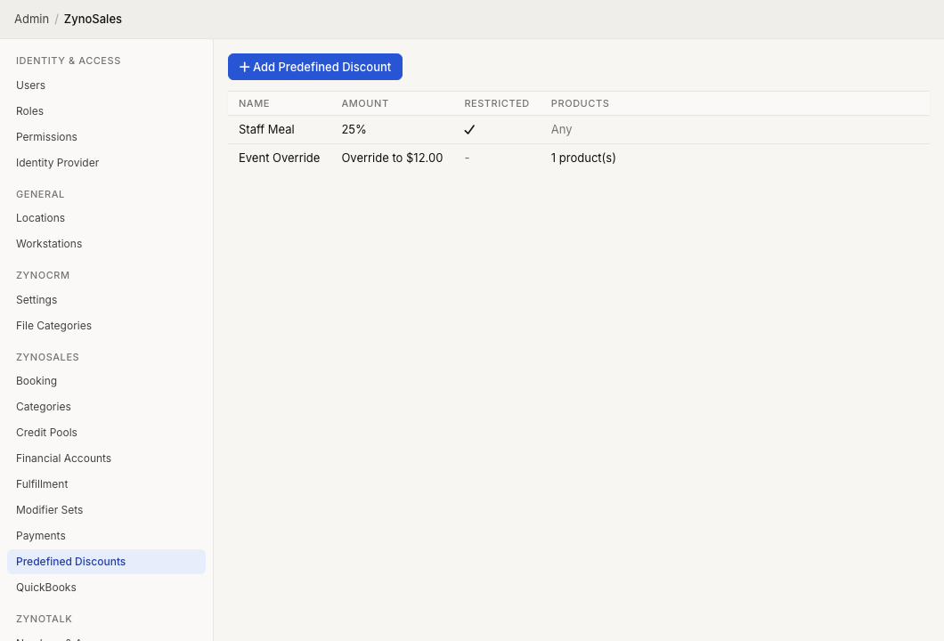 Predefined Discounts admin page showing reusable discount types