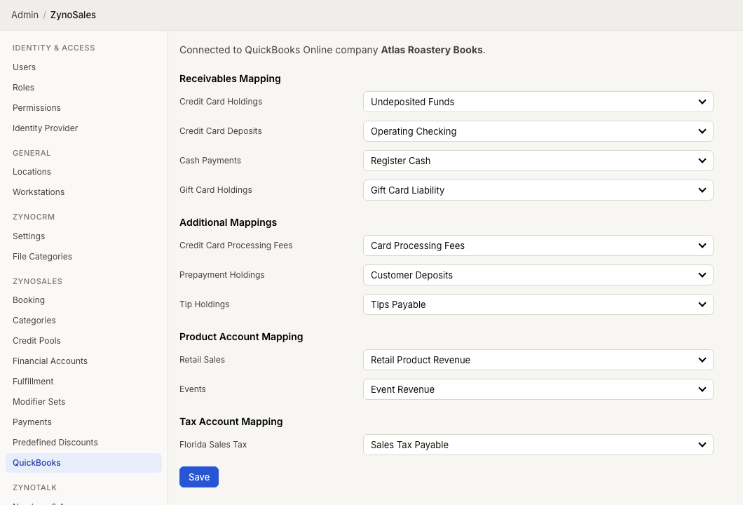 QuickBooks integration settings showing connected company status and account mappings
