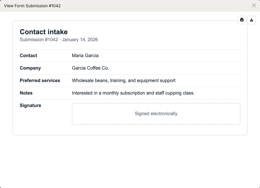 ZynoForms View Form Submission modal with print and download actions