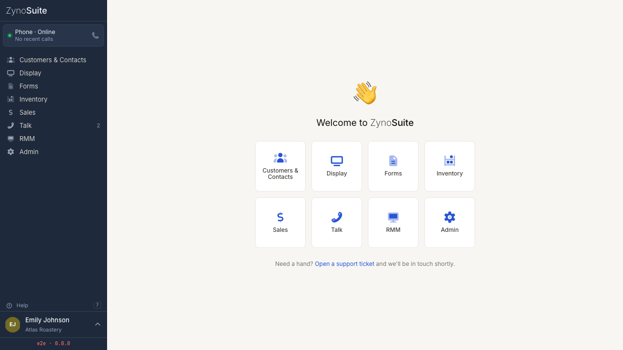 ZynoSuite web workspace home launcher with app tiles and sidebar navigation
