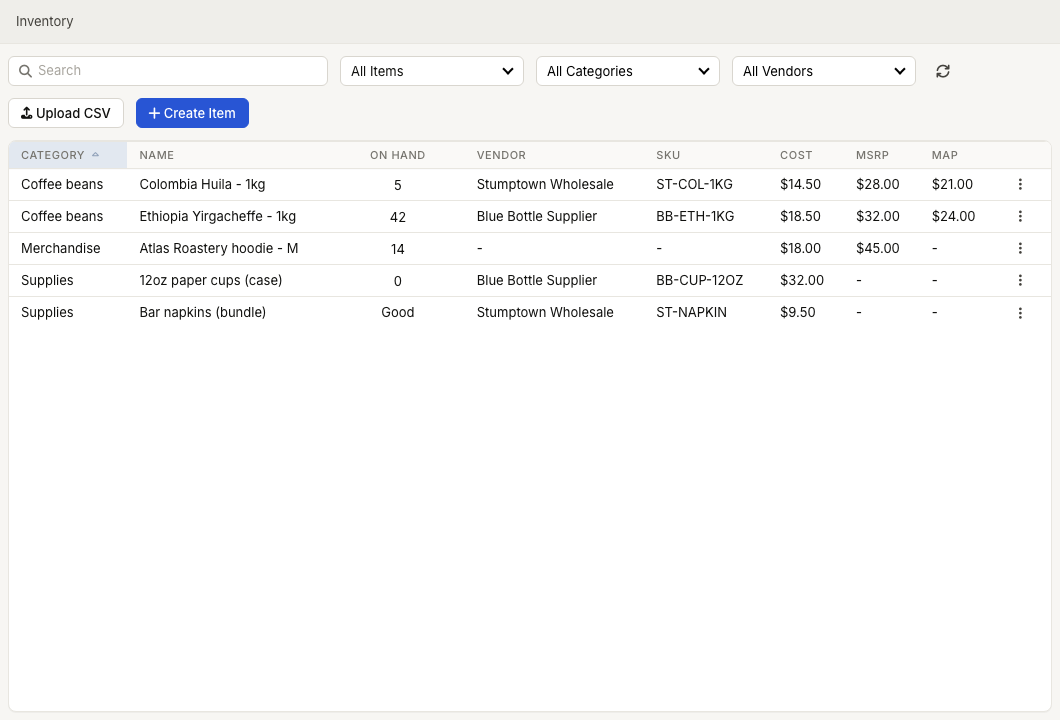 ZynoInventory list sorted by category showing category, item name, quantity, vendor, SKU, cost, MSRP, and MAP columns