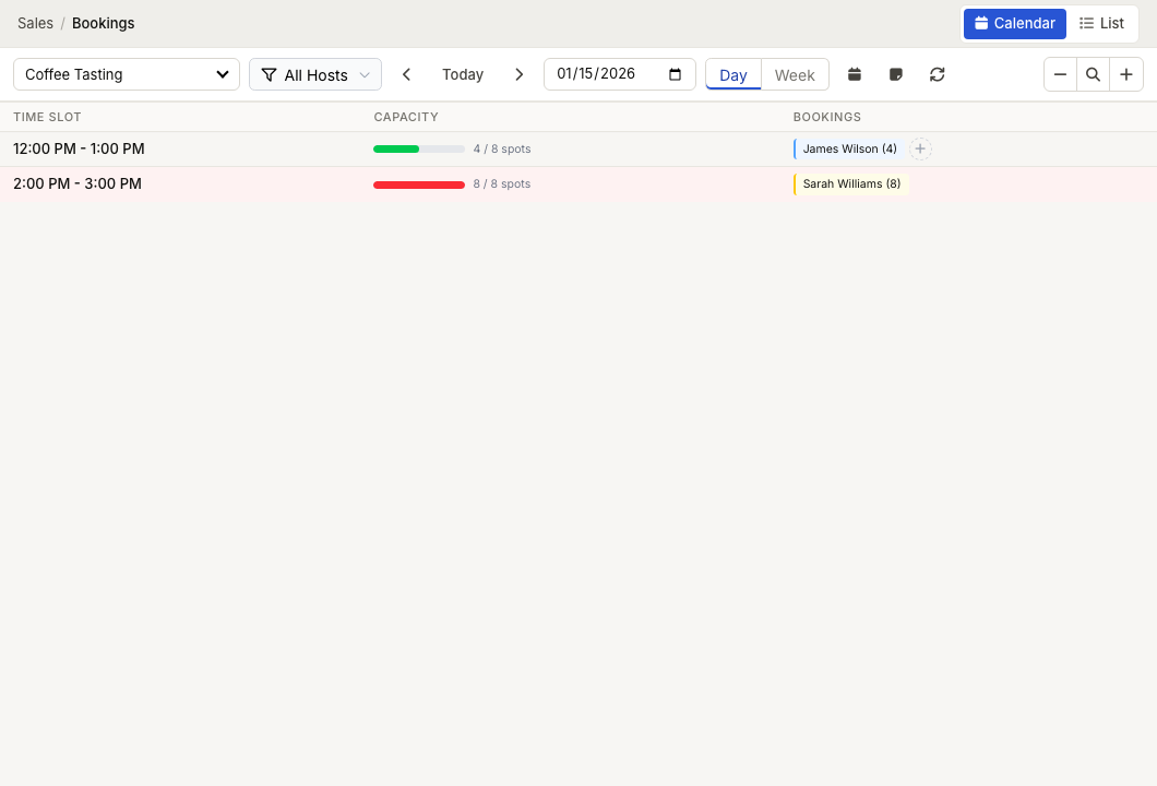 ZynoSales booking calendar showing activity controls, day view, time slots, capacity, and booking rows