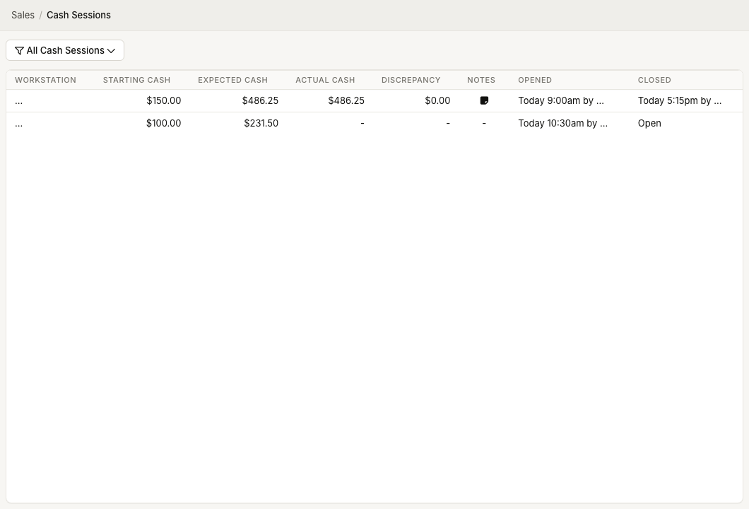 ZynoSales Cash Sessions page showing opened and closed drawer sessions with expected cash, actual cash, and discrepancy