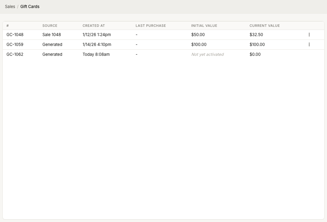 ZynoSales Gift Cards page showing gift card numbers, source, purchase date, initial value, and current value